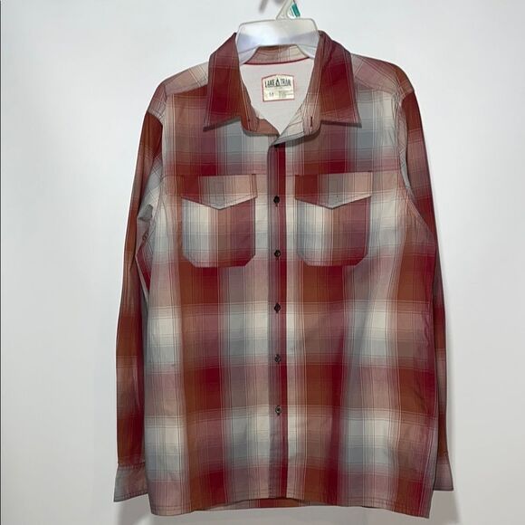 Red and White Casual Button Down Shirt with Plaid Pattern - Picture 1 of 9